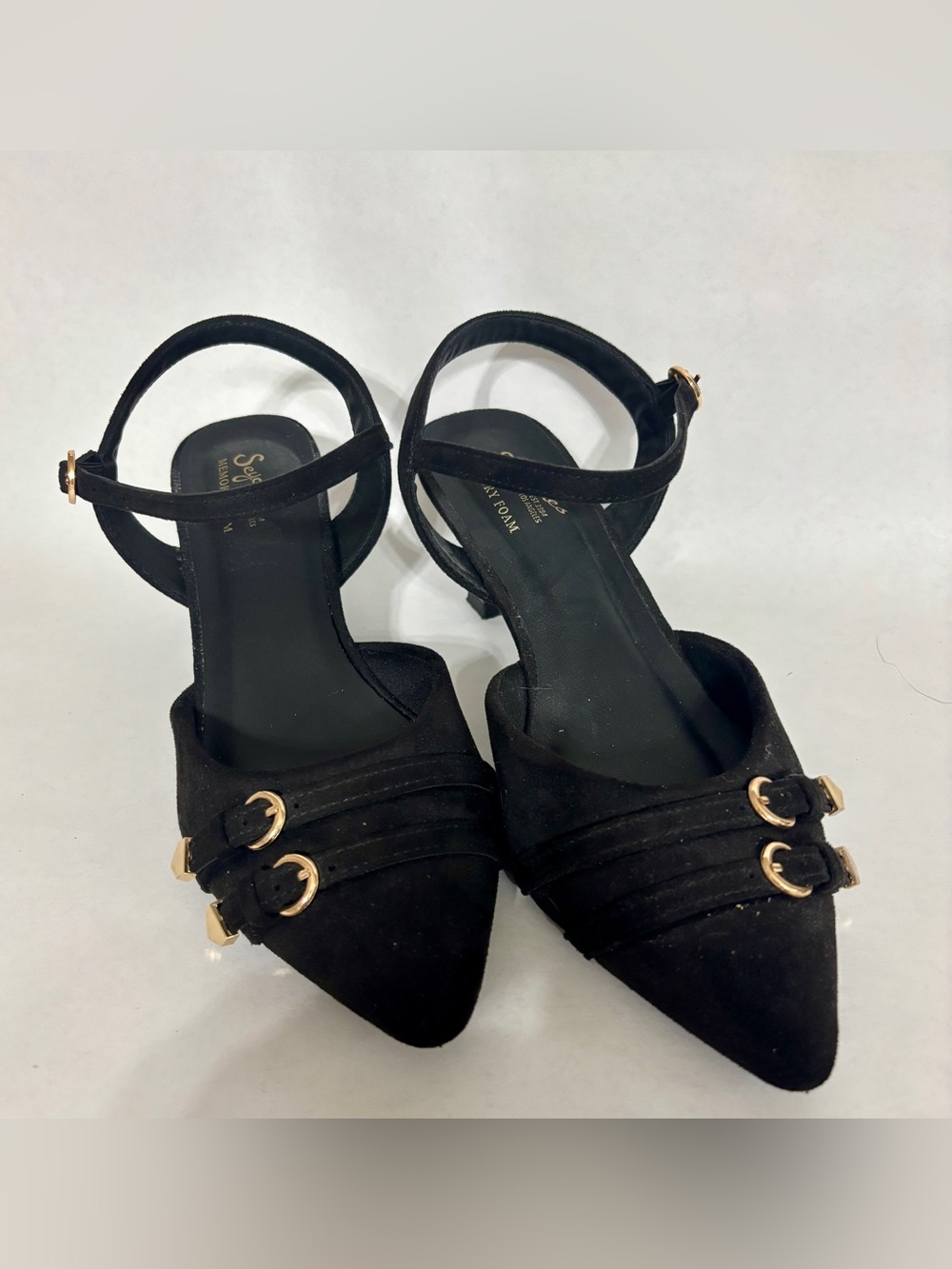 Seychelles Black Suede Ankle-Strap Kitten Heels with Gold Accents
